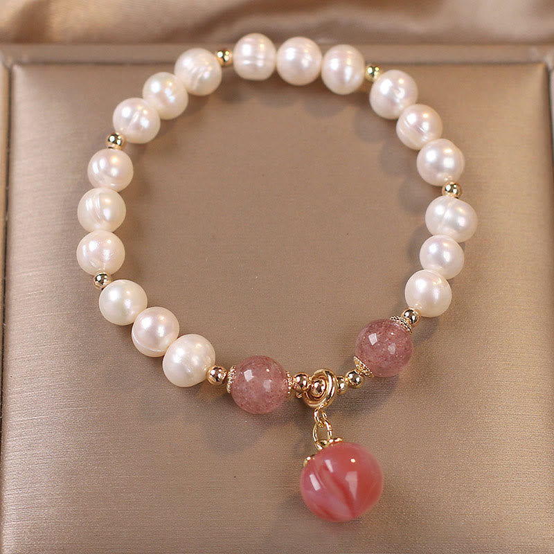 Fortune Jewel Natural Pearl Strawberry Quartz Peach Love Heart Wisdom Charm Bracelet