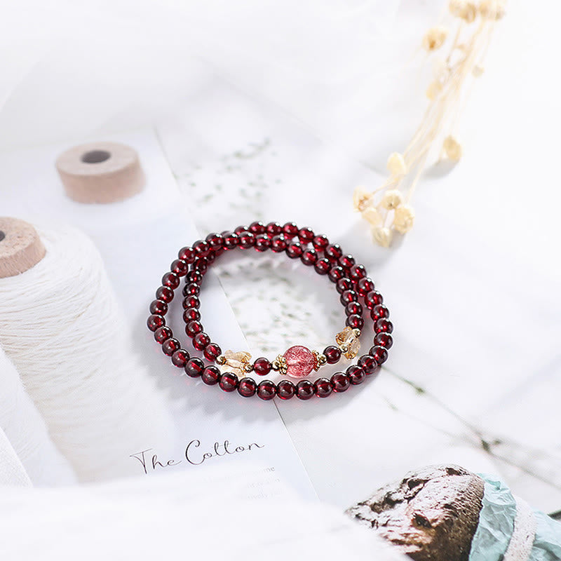 Fortune Jewel 14K Gold Plated Natural Garnet Strawberry Quartz Butterfly Protection Double Wrap Bracelet