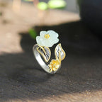 Fortune Jewel 925 Silver Plated Copper White Jade Plum Flower Leaf Luck Ring