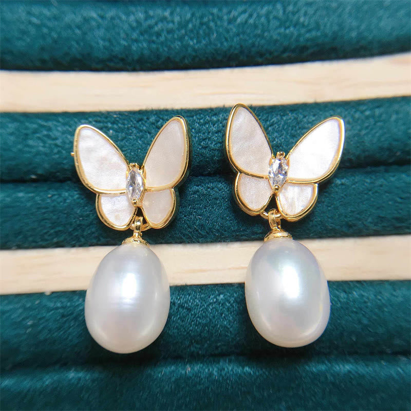 Fortune Jewel 925 Sterling Silver Posts 18K Gold Plated Copper Pearl Butterfly Optimism Stud Earrings