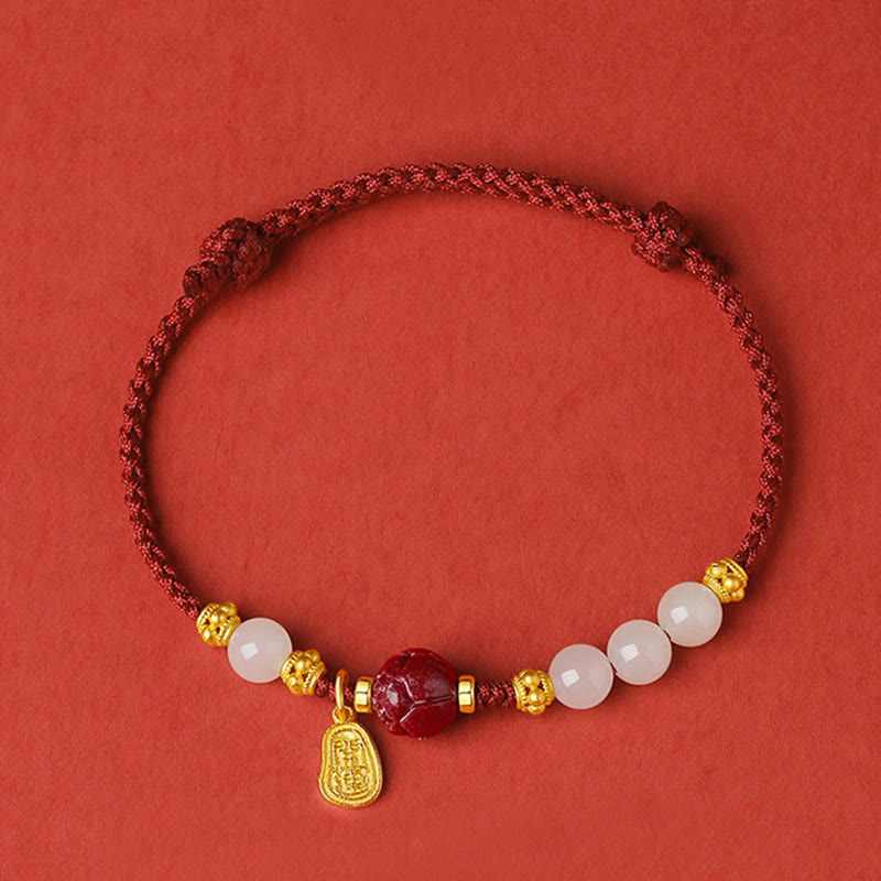 Fortune Jewel 24K Gold Plated Hetian White Jade Cinnabar Lotus Luck Rope Bracelet