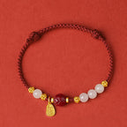 Fortune Jewel 24K Gold Plated Hetian White Jade Cinnabar Lotus Luck Rope Bracelet