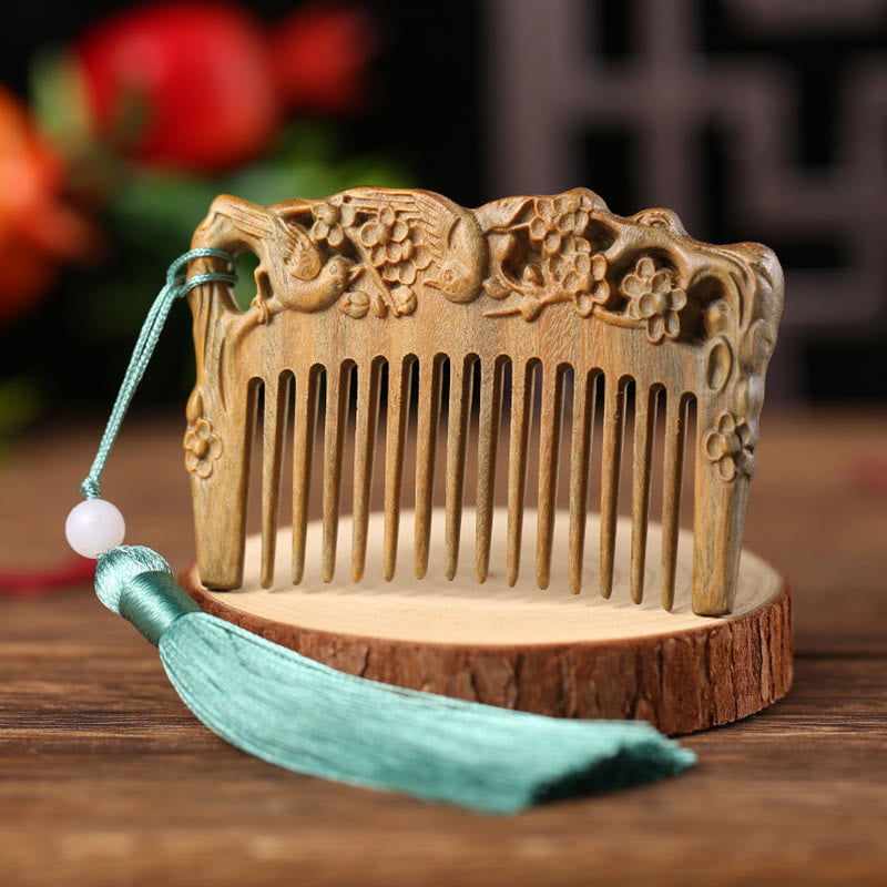 Fortune Jewel Green Sandalwood Fox Peony Flower Lotus Engraved Cure Tassel Comb Fortune Jewel