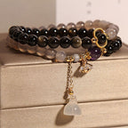 Fortune Jewel Gold Sheen Obsidian Gray Agate Lotus Charm Strengthen Double Wrap Bracelet