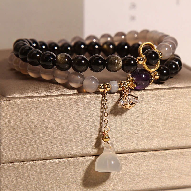 Fortune Jewel Gold Sheen Obsidian Gray Agate Lotus Charm Strengthen Double Wrap Bracelet