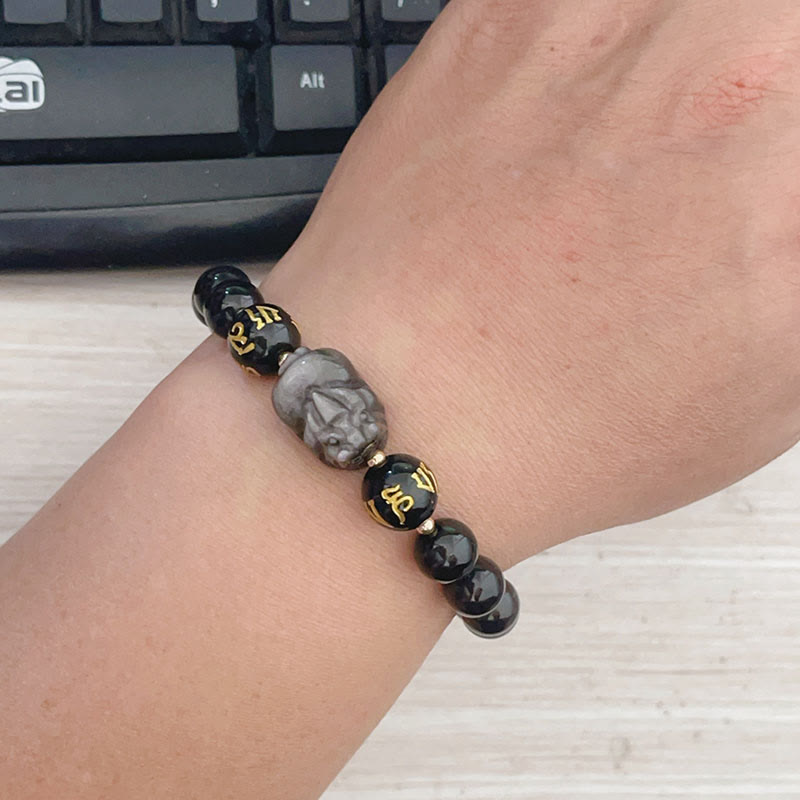 Fortune Jewel Natural Silver Sheen Obsidian Black Obsidian Om Mani Padme Hum Pixiu Protection Bracelet