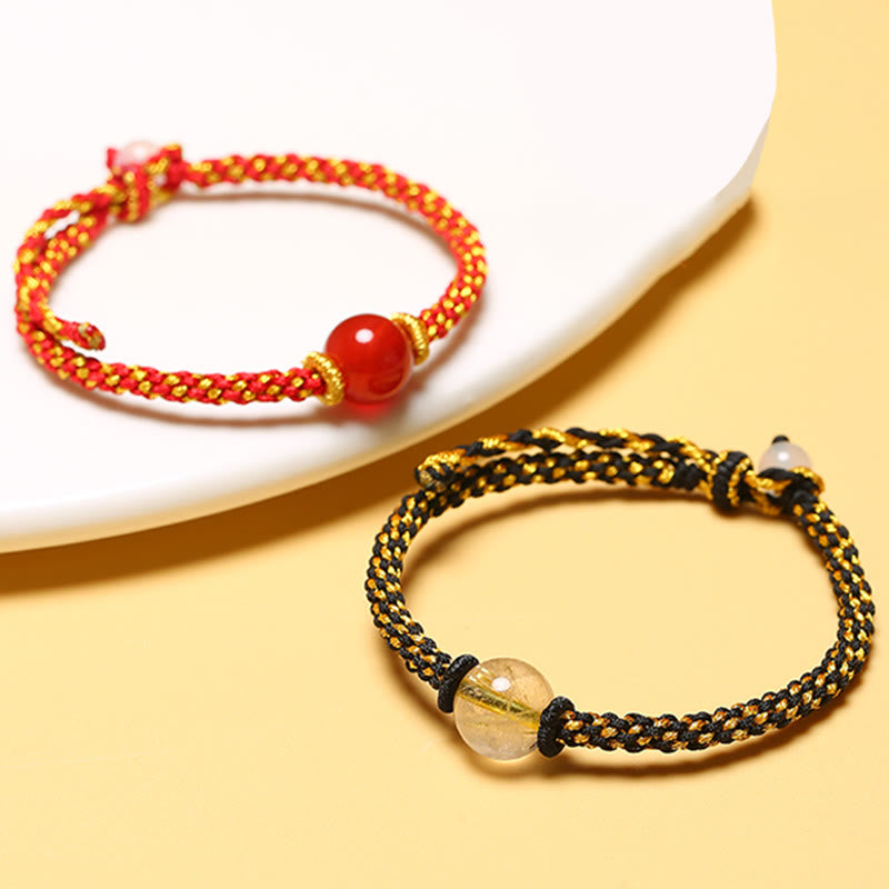 Fortune Jewel Handmade Red Agate Amethyst Golden Rutilated Quartz Pink Crystal Bead Calm Braided Bracelet