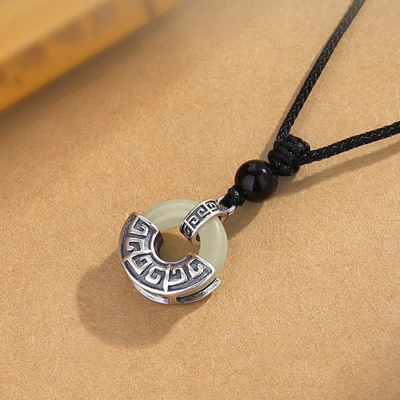 Fortune Jewel 925 Sterling Silver Natural Hetian Jade Peace Buckle Prosperity Necklace Pendant