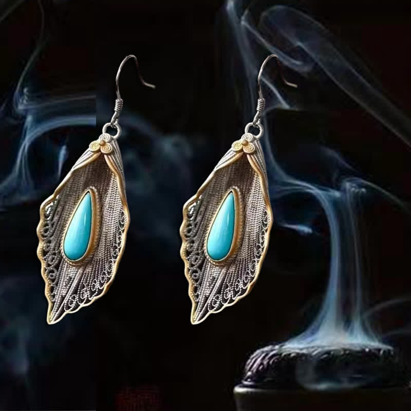 Fortune Jewel 925 Sterling Silver Turquoise Bodhi Leaf Pattern Protection Drop Dangle Earrings
