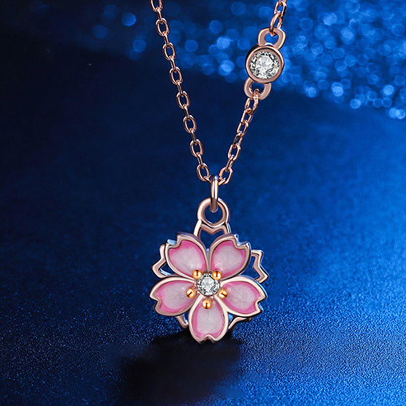 Fortune Jewel 925 Sterling Silver Cherry Blossom Flower Rotatable Protection Necklace Pendant