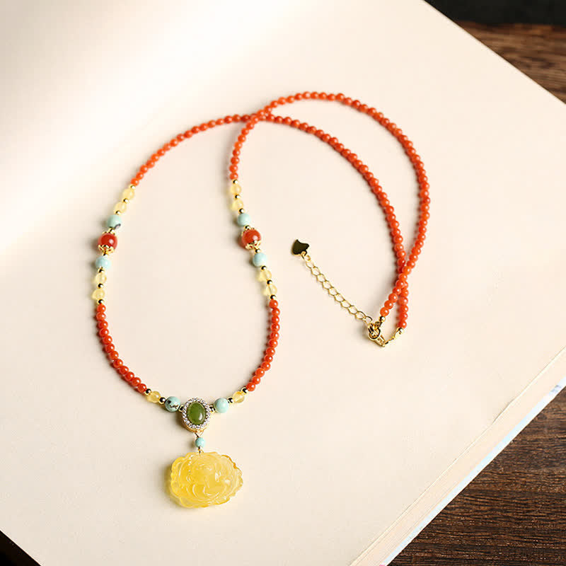 Fortune Jewel 925 Sterling Silver Natural Red Agate Amber Peony Confidence Charm Necklace Pendant