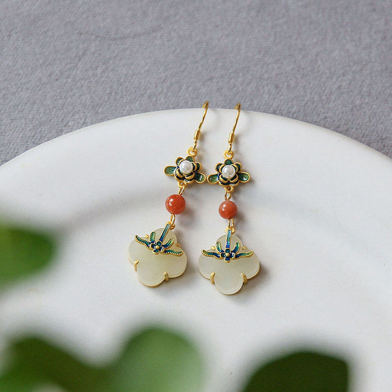 Fortune Jewel Lucky Four Leaf Clover Jade Abundance Copper Earrings