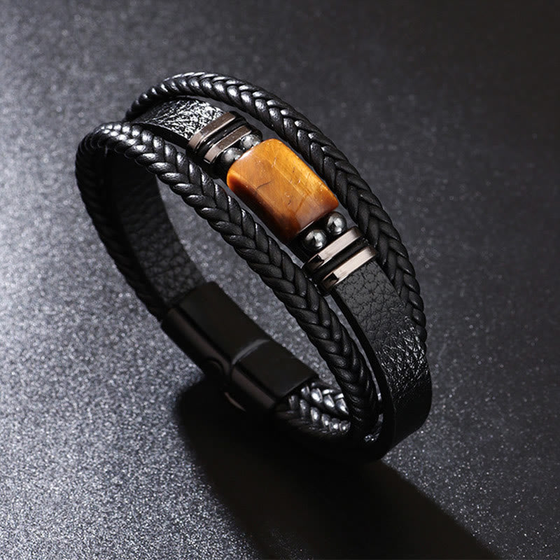 Fortune Jewel Tiger Eye Power Magnetic Buckle Multilayered Leather Bracelet