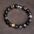 Fortune Jewel Natural Silver Sheen Obsidian Crystal Om Mani Padme Hum Bead Protection Bracelet