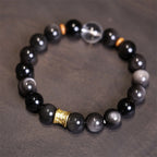 Fortune Jewel Natural Silver Sheen Obsidian Crystal Om Mani Padme Hum Bead Protection Bracelet