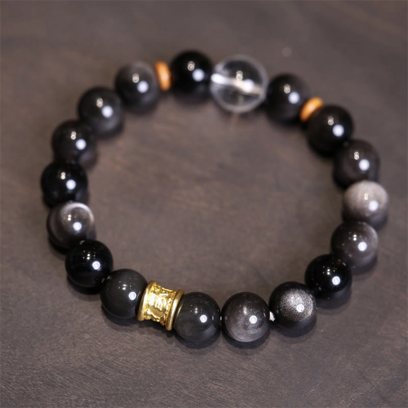 Fortune Jewel Natural Silver Sheen Obsidian Crystal Om Mani Padme Hum Bead Protection Bracelet