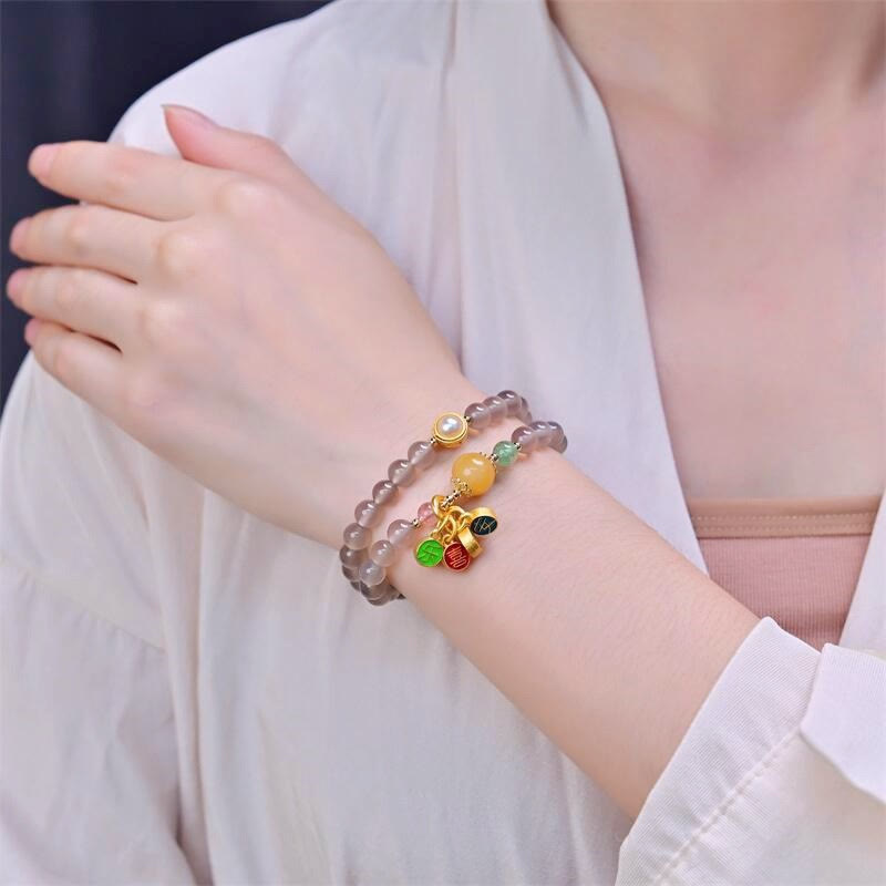 Fortune Jewel Natural Gray Agate Peace And Joy Charm Balance Double Wrap Bracelet