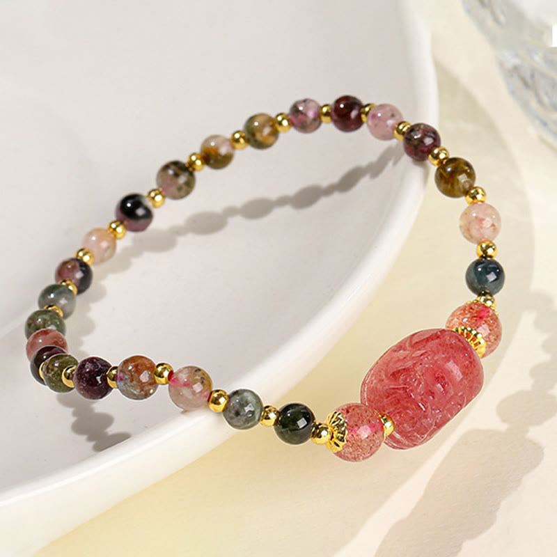 Fortune Jewel Moonstone Strawberry Quartz Tourmaline PiXiu Healing Bracelet