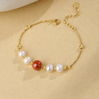 Fortune Jewel 925 Sterling Silver Pearl Cinnabar Healing Bead Chain Bracelet
