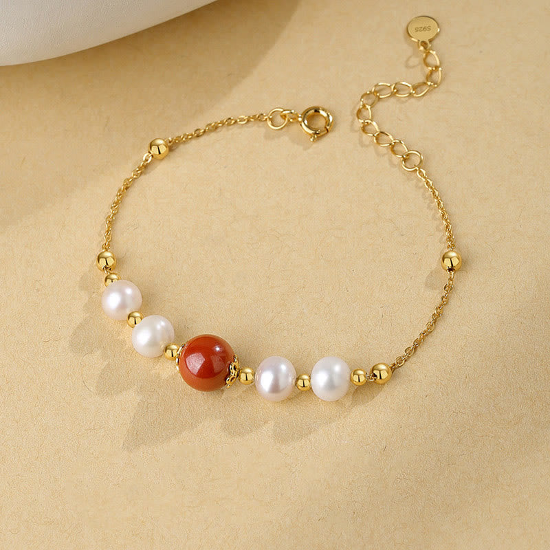 Fortune Jewel 925 Sterling Silver Pearl Cinnabar Healing Bead Chain Bracelet