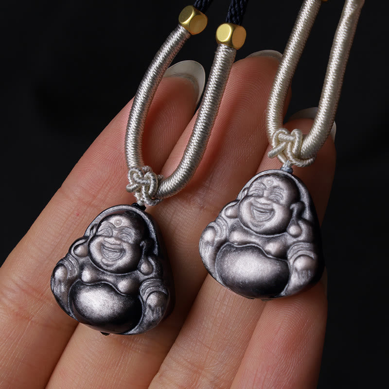 Fortune Jewel Natural Silver Sheen Obsidian Laughing Buddha Protection Necklace Pendant