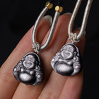 Fortune Jewel Natural Silver Sheen Obsidian Laughing Buddha Protection Necklace Pendant