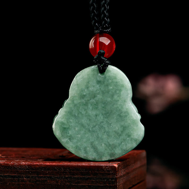 Fortune Jewel Natural Green Jade Laughing Buddha Luck Abundance Necklace Pendant Fortune Jewel