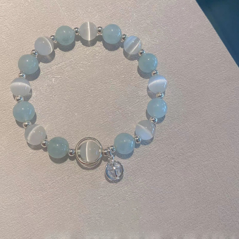 Fortune Jewel 925 Sterling Silver Cat's Eye Aquamarine Support Charm Bracelet