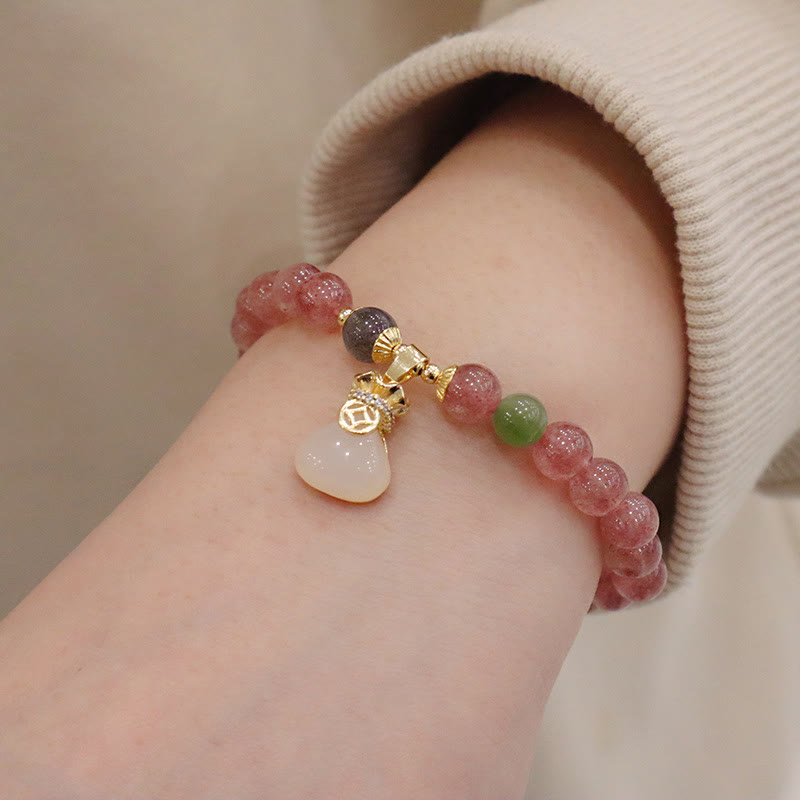 Fortune Jewel Natural Strawberry Quartz Jade Peace Buckle Coin Purse Healing Bracelet