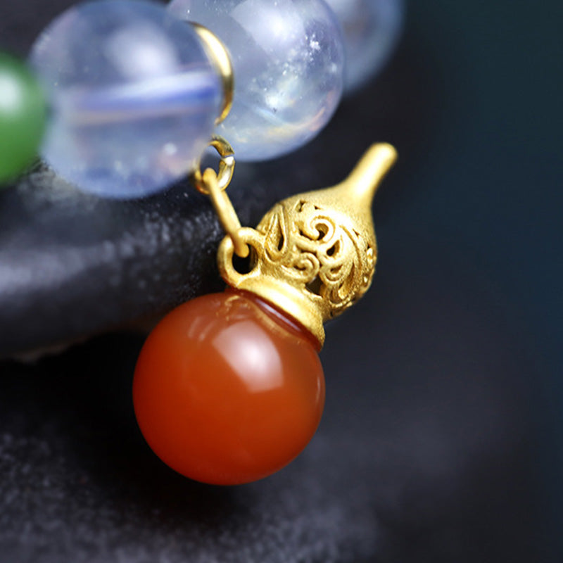 Fortune Jewel Aquamarine Red Agate Peace Gourd Charm Bracelet