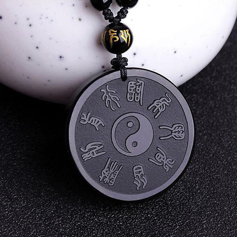 Fortune Jewel Natural Black Obsidian Taoism Five Sacred Mountains Nine-Character Mantra Carved Strength Yin Yang Necklace Pendant Key Chain