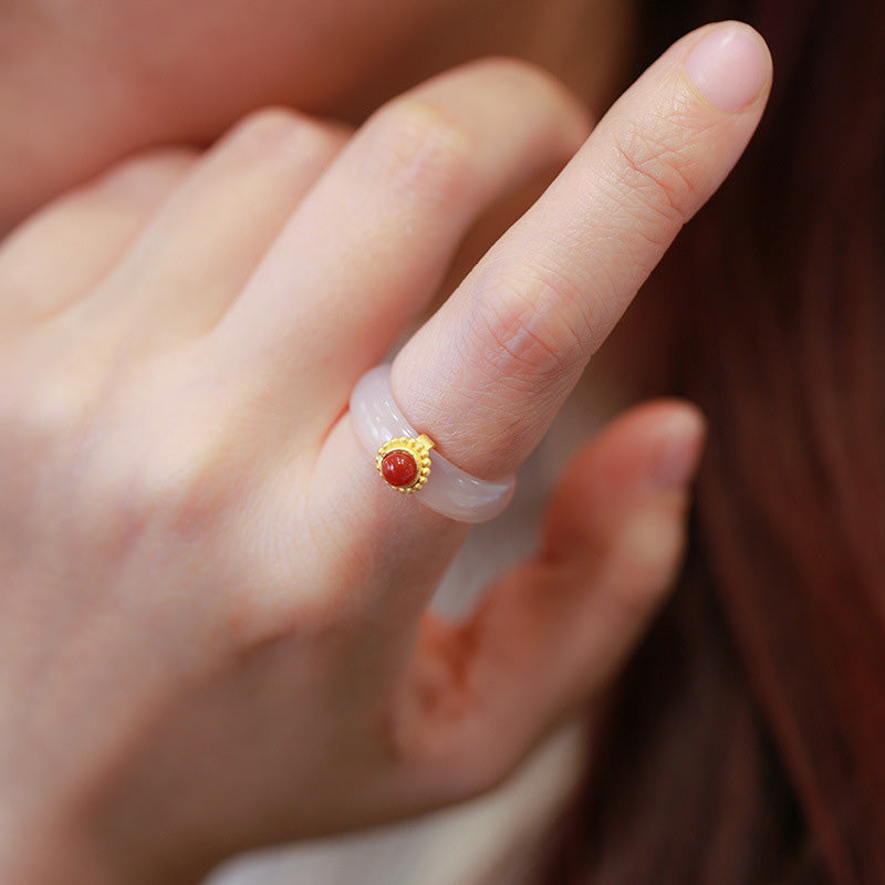 Fortune Jewel White Agate Cyan Jade Turquoise Red Agate Luck Protection Ring