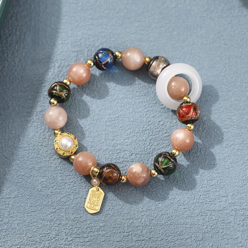 Fortune Jewel Tibetan Incense Ash Liuli Glass Tridacna Stone Sun Stone Om Mani Padme Hum Prayer Wheel Charm Bracelet