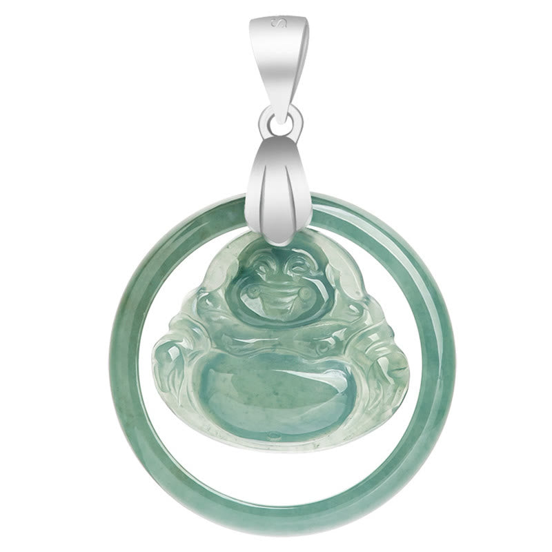 Fortune Jewel Natural Jade Round Laughing Buddha Abundance Titanium Steel Chain Necklace Pendant Fortune Jewel