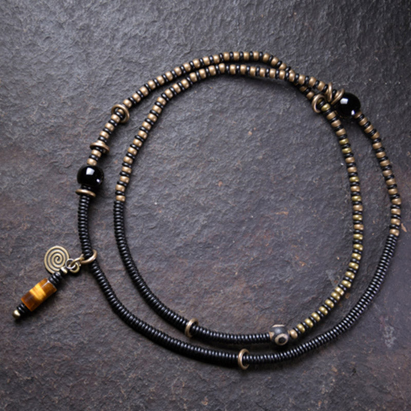 Fortune Jewel Ebony Wood Dzi Bead Copper Peace Couple Bracelet Necklace Pendant