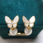 Fortune Jewel 925 Sterling Silver Posts 18K Gold Plated Copper Pearl Butterfly Optimism Stud Earrings