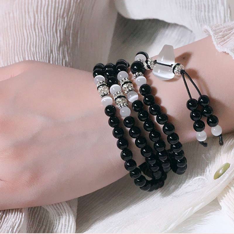 Fortune Jewel Black Onyx White Crystal Bead Meditation Bracelet