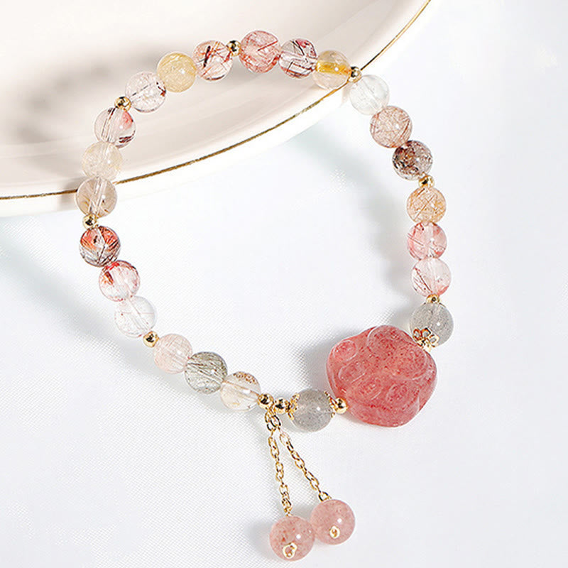Fortune Jewel Natural Strawberry Quartz Cat Paw Claw Colorful Rutilated Quartz Moonstone Love Bracelet