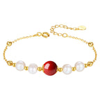 Fortune Jewel 925 Sterling Silver Pearl Cinnabar Healing Bead Chain Bracelet