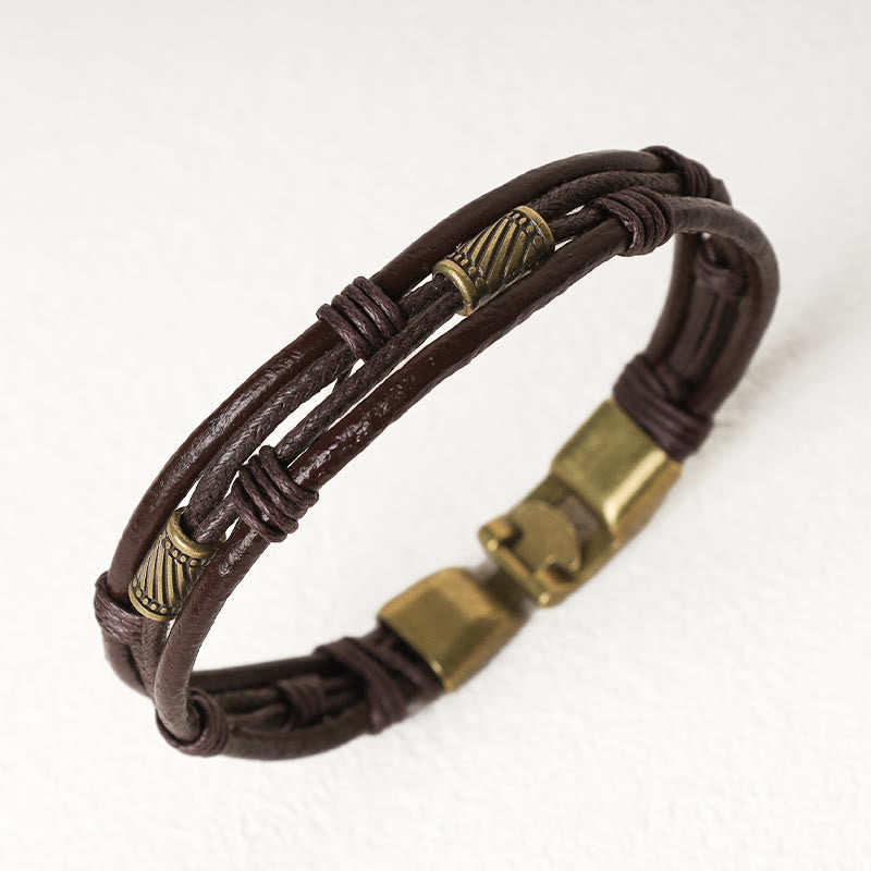 Fortune Jewel Vintage Leather Wrist Band Brown Rope Layered Bracelet Bangle