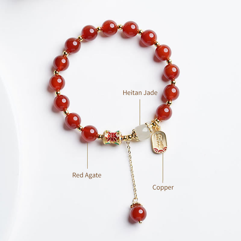 Fortune Jewel Natural Red Agate Hetian Jade Fu Character Confidence Charm Bracelet