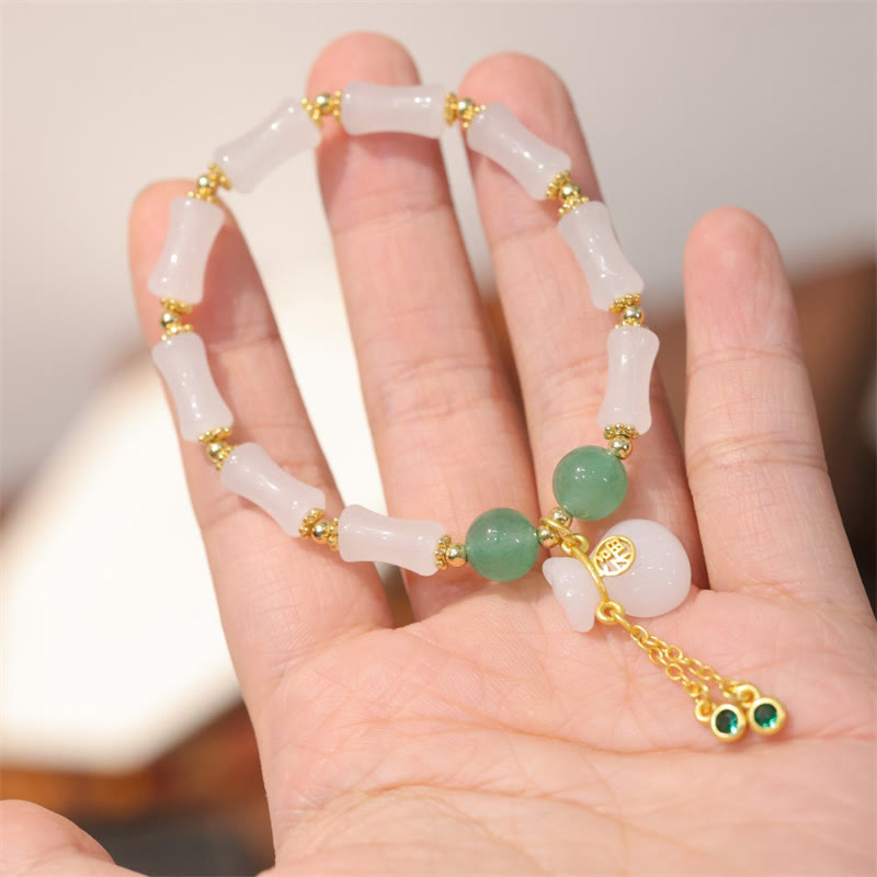 Fortune Jewel Natural White Golden Silk Jade Bamboo Pattern Wealth Lucky Bag Fu Character Bracelet