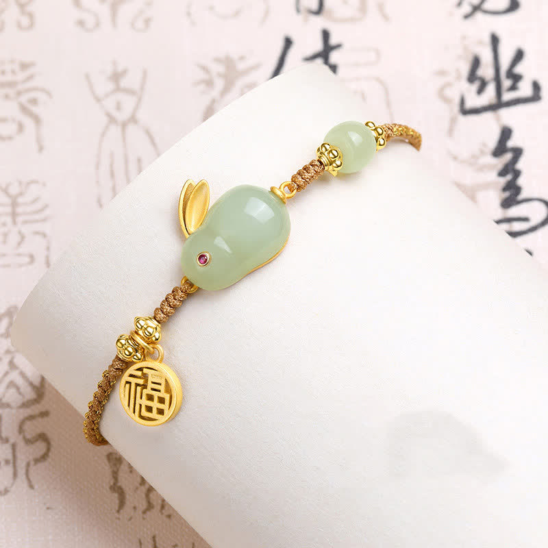 Fortune Jewel Year of the Rabbit Hetian Jade Happiness Blessing Wealth String Bracelet
