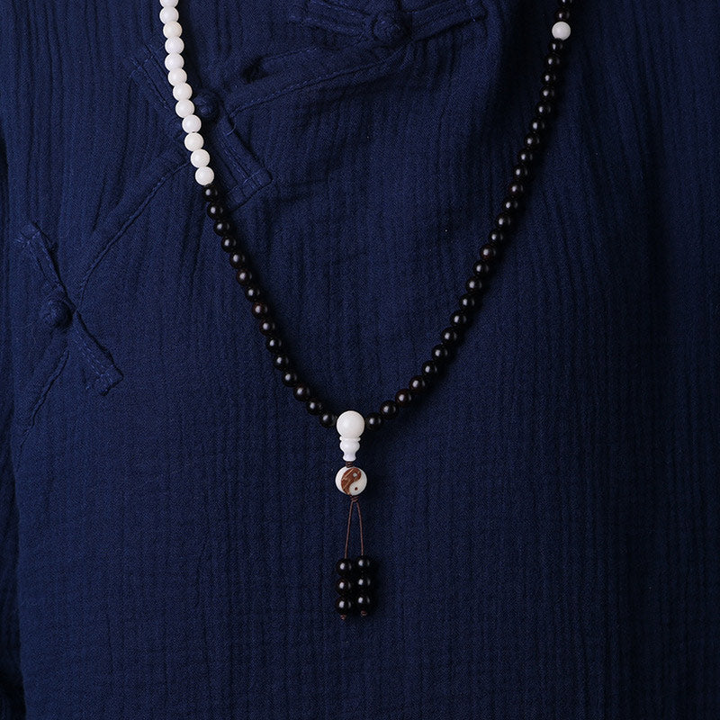 Buddha Stones Ebony YinYang Protection Necklace Mala Fortune Jewel