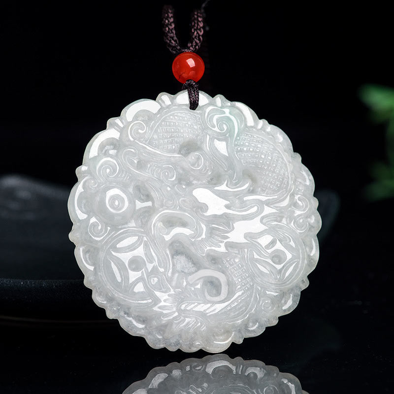 Fortune Jewel White Jade Dragon Protection Necklace String Pendant Fortune Jewel