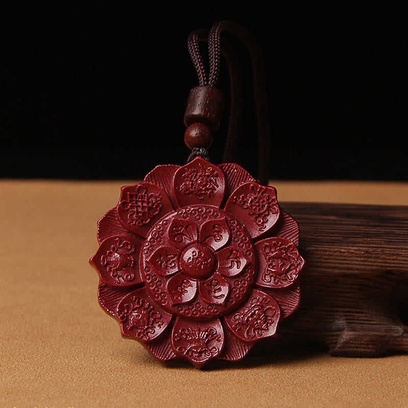 Fortune Jewel Natural Cinnabar Lotus Om Mani Padme Hum Blessing Necklace String Pendant