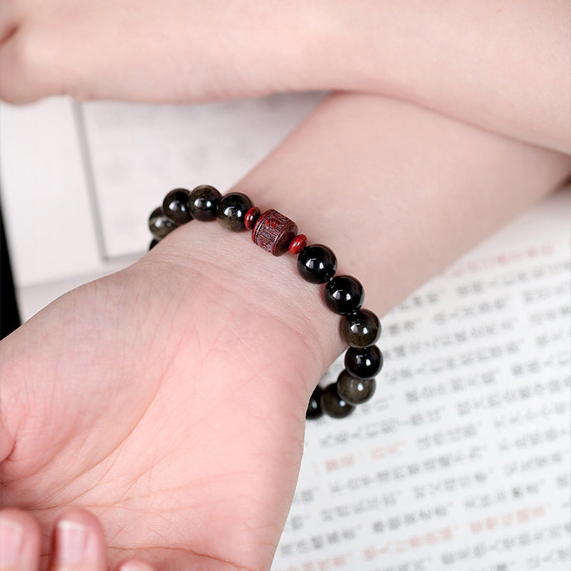 Fortune Jewel Natural Gold Sheen Obsidian Rainbow Obsidian Om Mani Padme Hum Fu Character Healing Bracelet