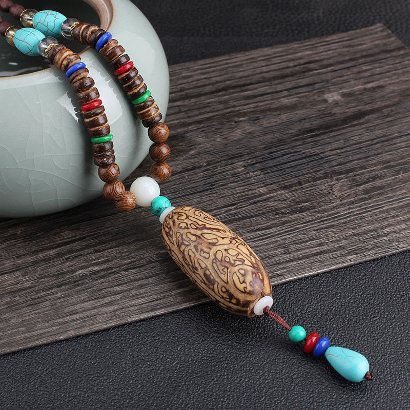 Fortune Jewel Tibetan Wenge Wood Bodhi Seed Agate Balance Peace Necklace Pendant