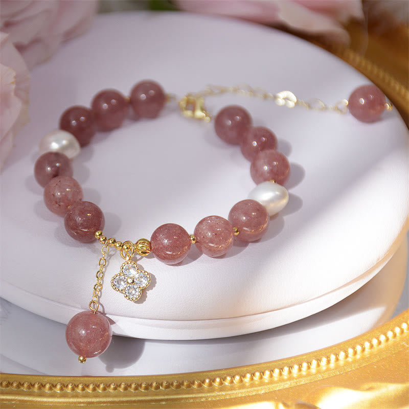 Fortune Jewel Natural Strawberry Quartz Pearl Four Leaf Clover Love Bracelet