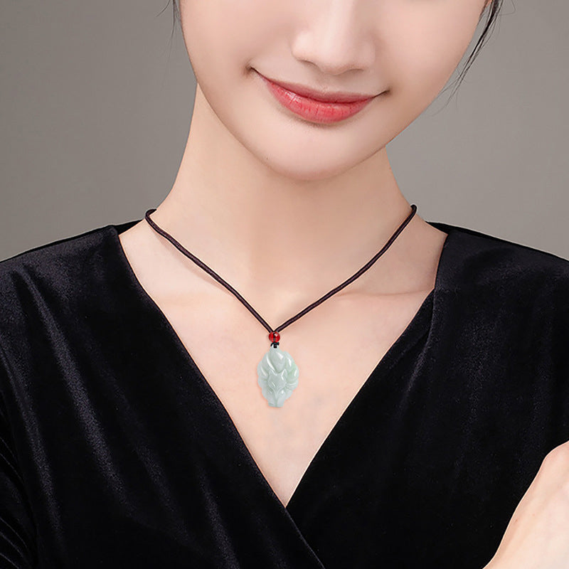 Fortune Jewel Natural Jade Nine Tailed Fox Luck Prosperity Necklace Pendant
